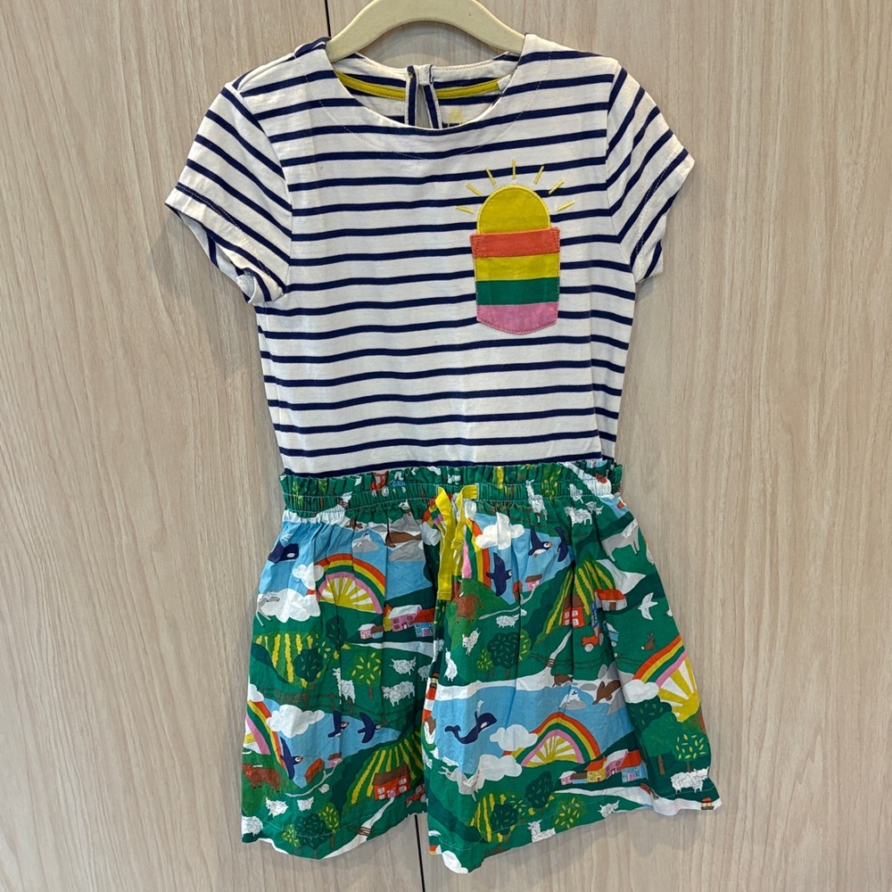 Mini Boden White Navy Striped Top with Green Rainbow-Print Skirt Dress
